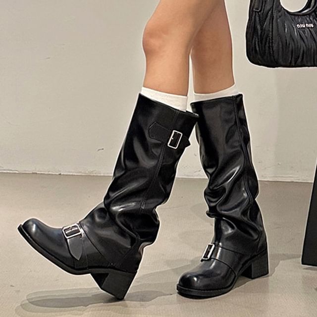 Karlao-Buckled Chunky Heel Tall Boots