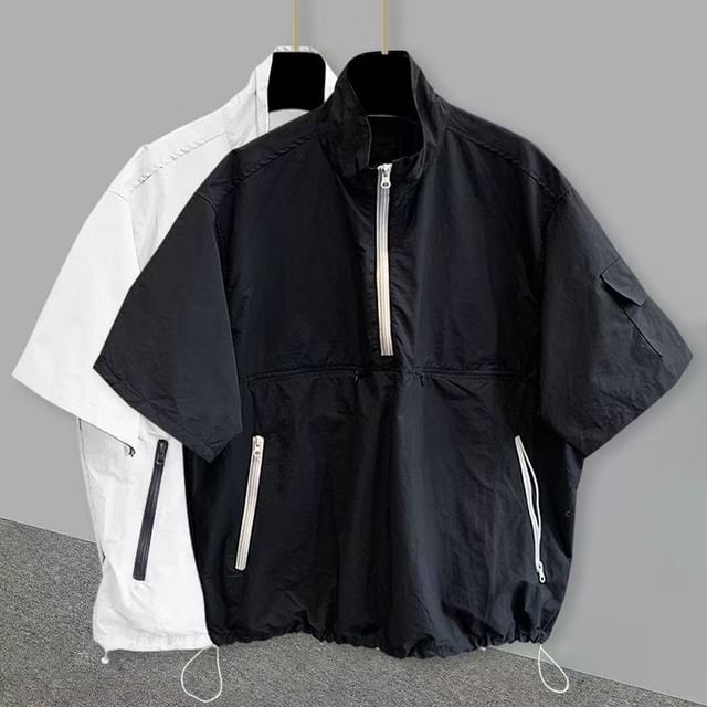 fluffush-Short-Sleeve Mock Neck Plain Drawstring Hem Half-Zip Top