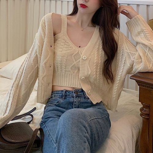 Scoop Neck Plain Cable Knit Crop Camisole Top / V-Neck Button-Up Cardigan