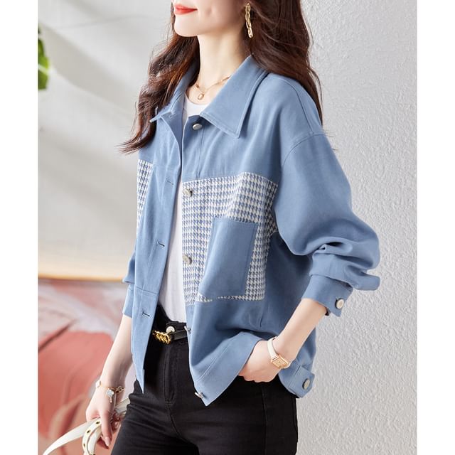 Jeonseon-Long Sleeve Collared Houndstooth Patchwork Shirt