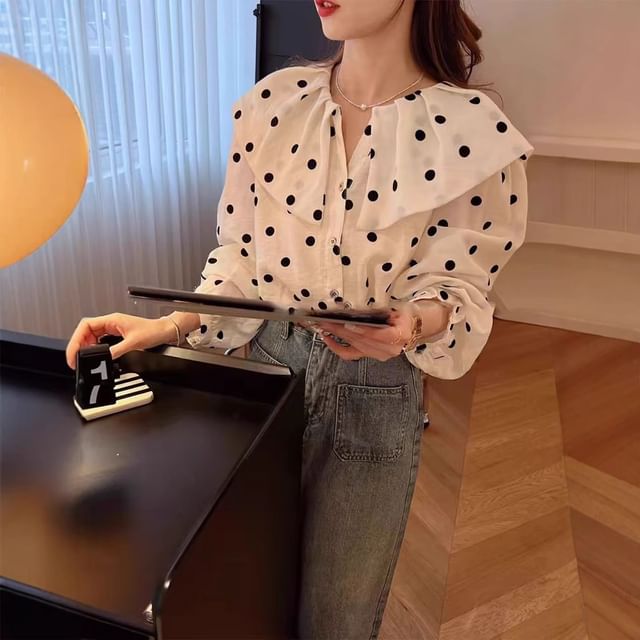 Sienne-Long Sleeve Peter Pan Collar Polka Dot Button Up Blouse