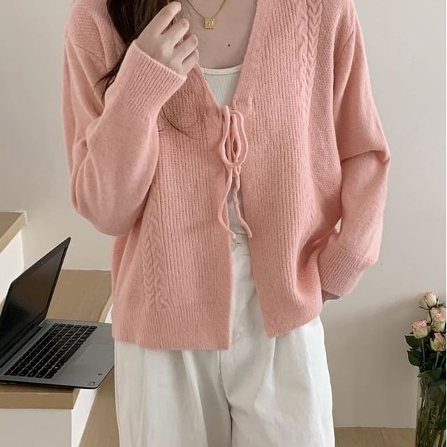 Ukiyo-V-Neck Lace-Up Plain Cardigan