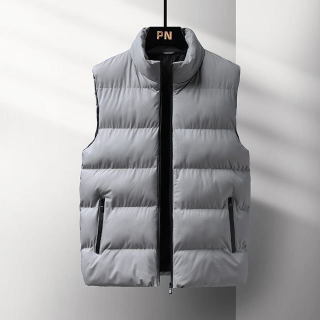 YIKES-Stand Collar Plain Zip Puffer Vest