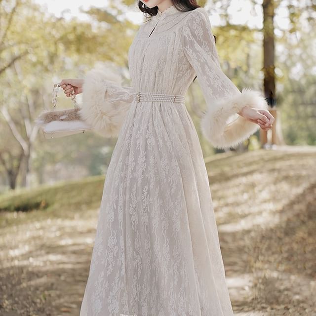 mandarin collar lace dress Lace Detail Short Sleeve Dress 6 / White main image 1