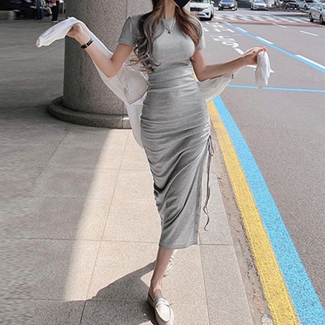 Leandra - Short-Sleeve Drawstring Midi T-Shirt Dress | YesStyle