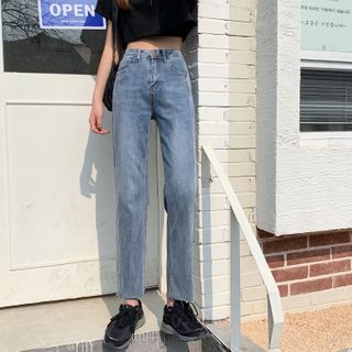 Washed Cropped Straight Leg Jeans 