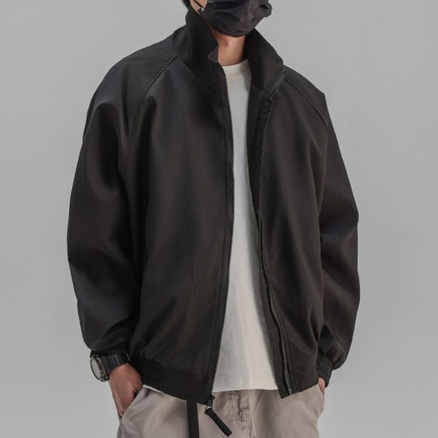 GRAYCIOUS-Stand Collar Plain Ribbed Zip-Up Jacket