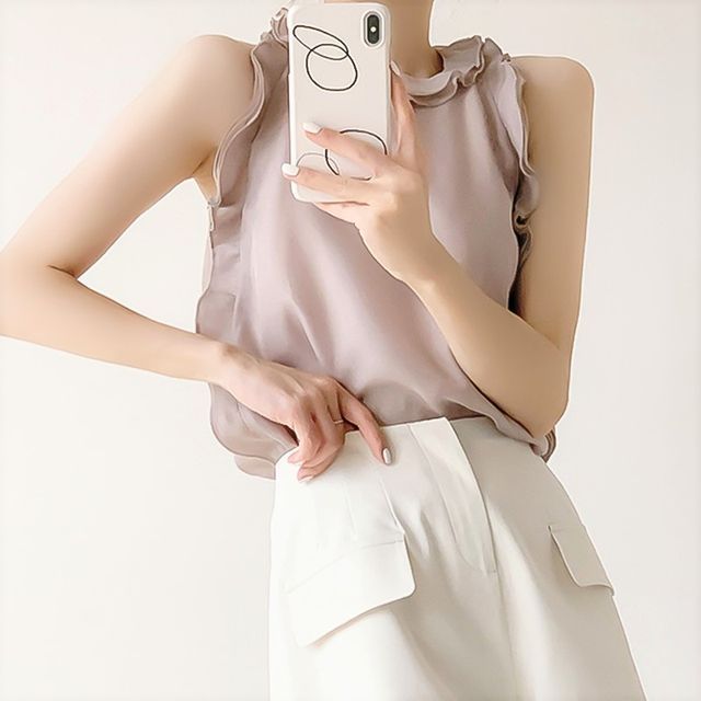 Rosewind-Sleeveless Round Neck Plain Ruffled Blouse
