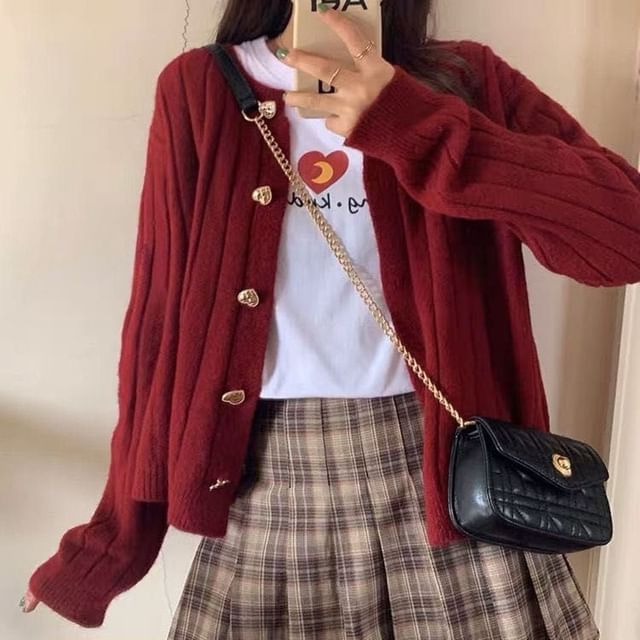 Sienne-Crew Neck Plain Button-Up Cardigan