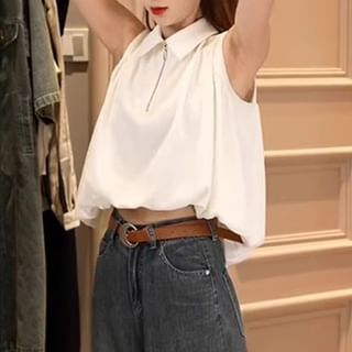Shinsei-Sleeveless Plain Collared Half-Zip Crop Blouse