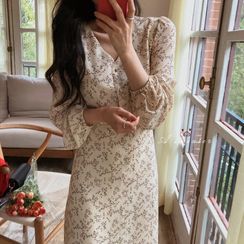 ROSEMARY - Long-Sleeve Floral-Print Midi A-Line Dress