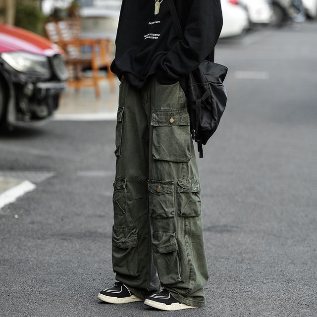 Nataro-High Waist Plain Wide Leg Cargo Pants