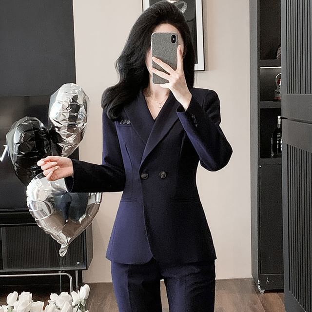 Skyheart-Peak Lapel Plain Double Breasted Blazer V-Neck Button Vest High Rise Cropped Straight Leg Suit Pants Set
