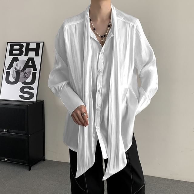 Orungeetun-Tie-Neck Plain Shirt