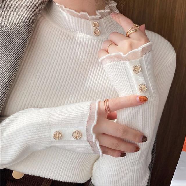 MIKIGA-Mock Neck Plain Ribbed Sweater