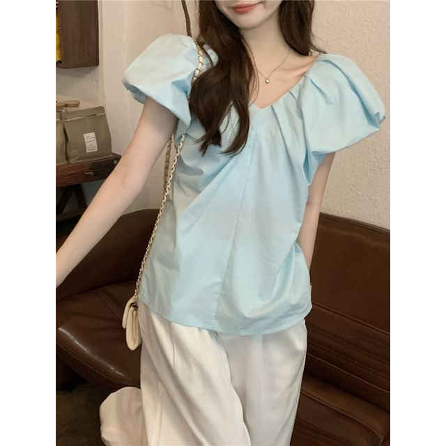 ANORA-Puff-Sleeve Plain Shirred Open Back Blouse