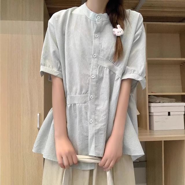 Happo-Elbow-Sleeve Stand Collar Gingham Asymmetrical Button-Up Blouse