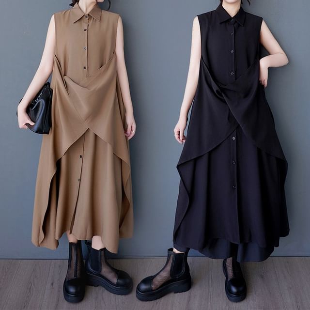 Lewwe-Sleeveless Collared Button-Up Plain Midi Tunic Dress