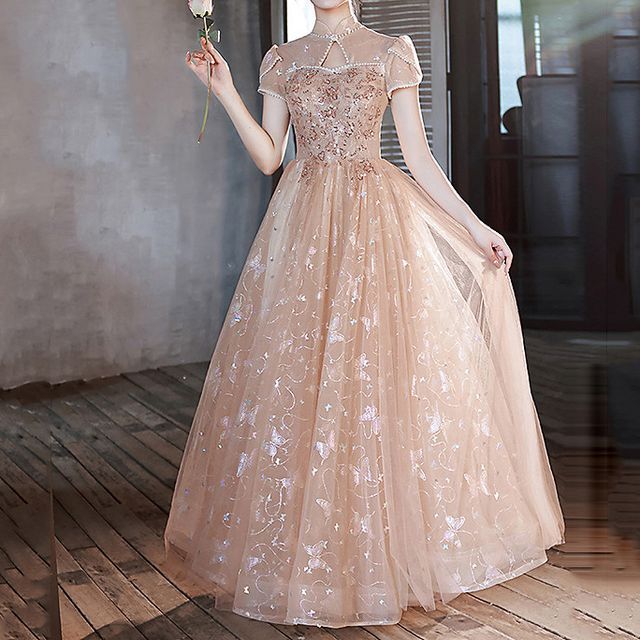 Wospe - Short-Sleeve Mandarin Collar Cutout Sequin A-Line Evening Gown /  Midi Dress