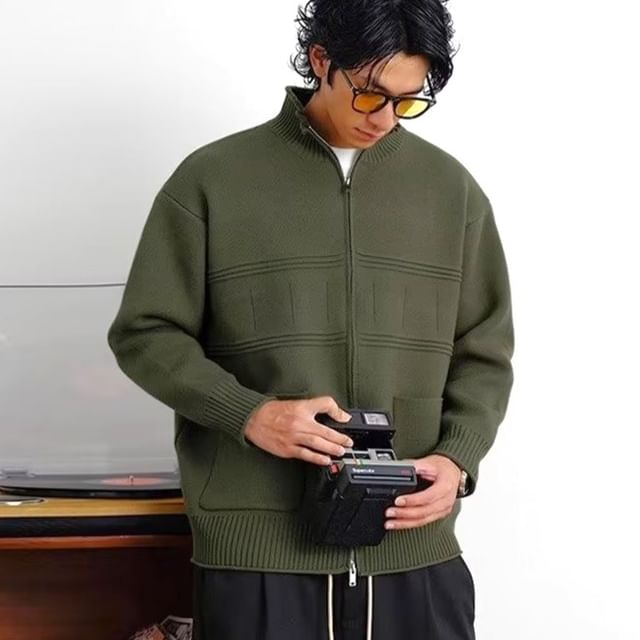 Urtishia-Stand Collar Plain Zip Knit Jacket