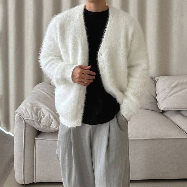Okwano-V-Neck Plain Fluffy Button Cardigan