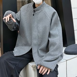 Trimecca-Stand Collar Plain Zip Oversized Baseball Jacket
