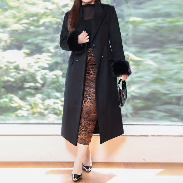 Telipino-Plus Size Plain Fluffy Trim Maxi Double-Breasted Coat