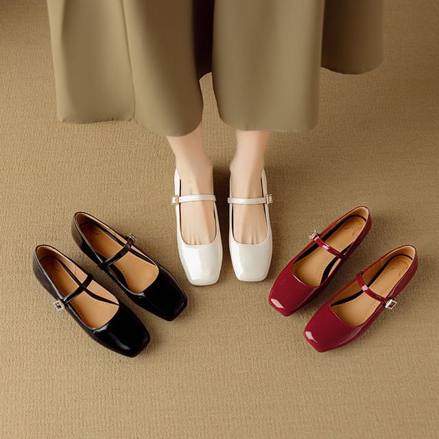 Cinnabelle-Square Toe Plain Patent Leather Mary Jane Flats