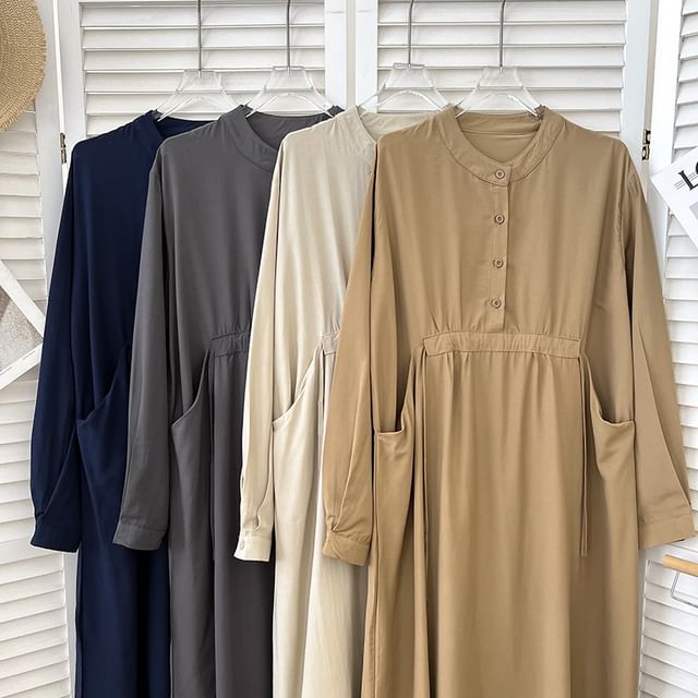 DIYI-Long Sleeve Stand Collar Half Buttoned Plain Midi Dress