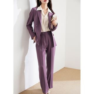 Janunu Set Lapel Collar Double Breasted Plain Blazer + High Rise Suit Pants