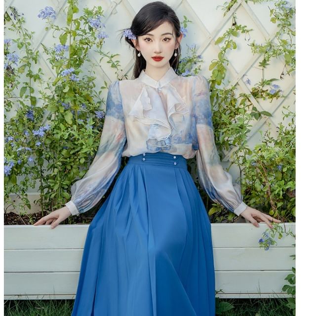 AMOS Set: Long-Sleeve Band Collar Patterned Print Ruffle Blouse