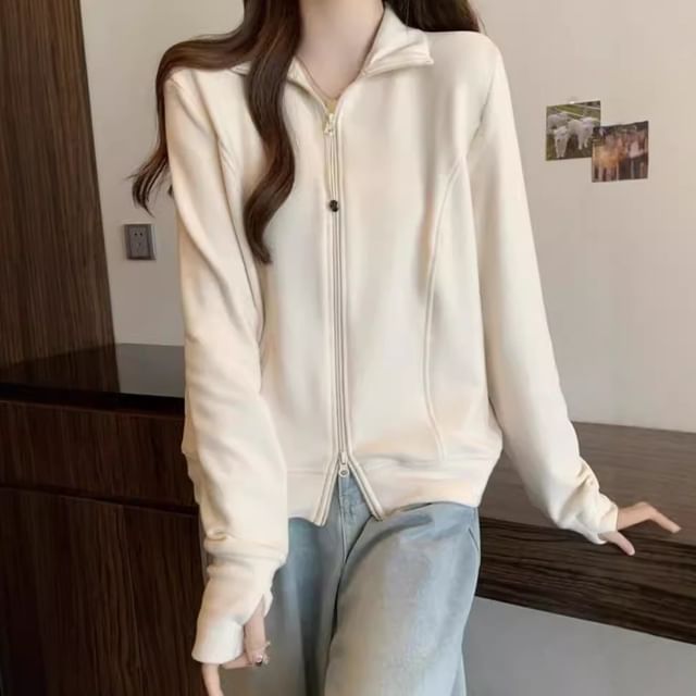 Cossita-Stand Collar Plain Zip Jacket