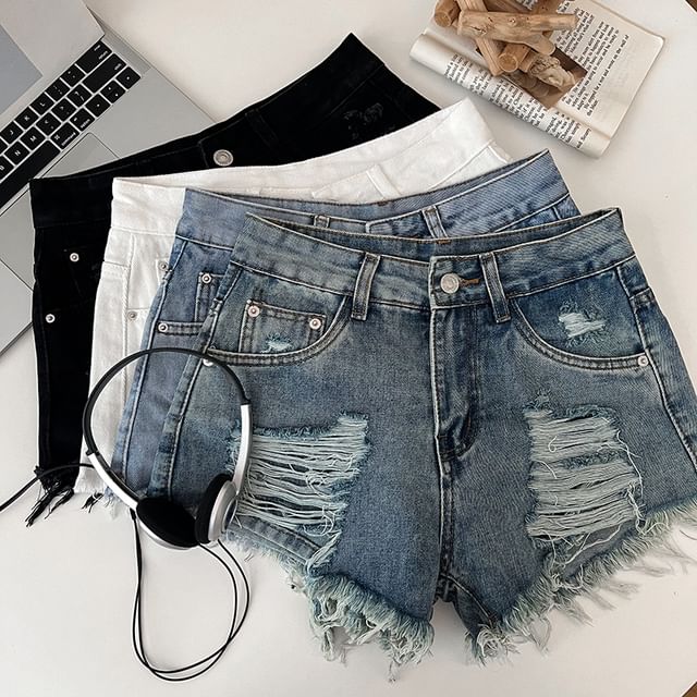 DIYI-Mid Rise Distressed Denim Hot Pants