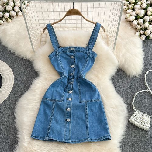 Single breasted spaghetti on sale strap denim dress