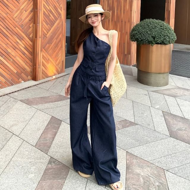KUMI-Sleeveless One Shoulder Plain Button Up Top Drawstring Waist Plain Wide Leg Pants
