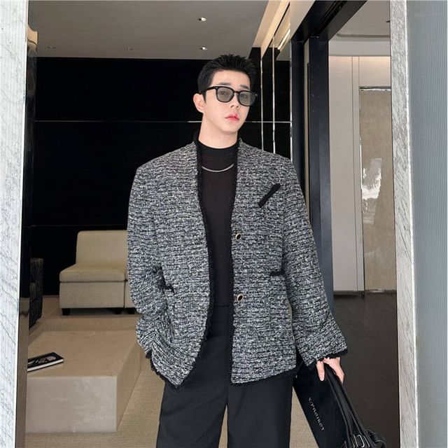 Freehop-Collarless Tweed Frayed Hem Button Blazer
