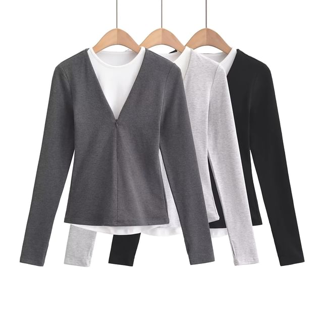 Asiris-Mock Two-Piece Long-Sleeve Two Tone Top