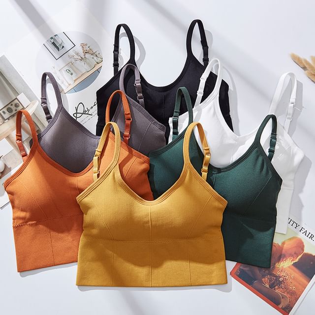 DIYI-V-Neck Plain Padded Crop Cami Top