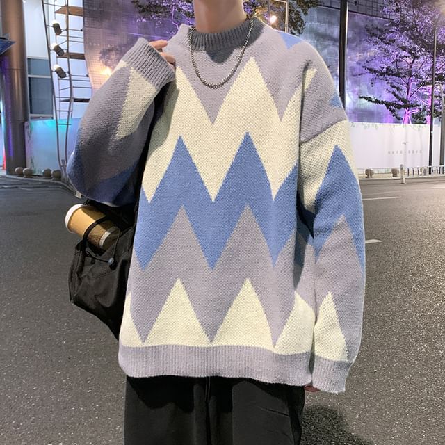 DuckleBeam-Crew Neck Color Block Wavy Sweater