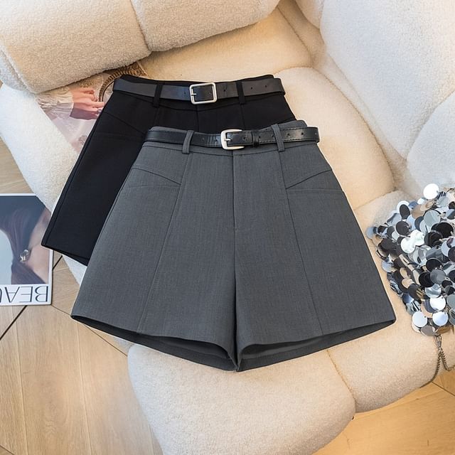 Jaqmine-High Waist Plain Belted Shorts