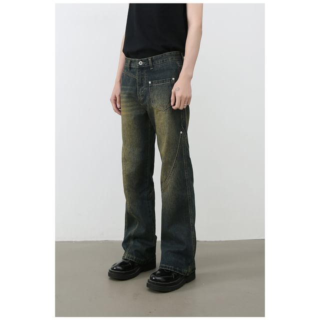 pinkdropper-Mid Rise Washed Straight Leg Jeans