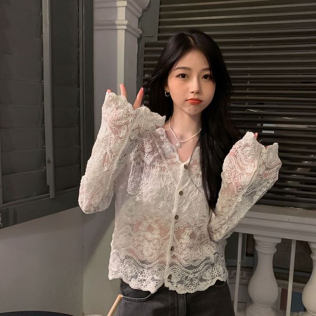 GOUB-Long-Sleeve V-Neck Button-Up Lace Top