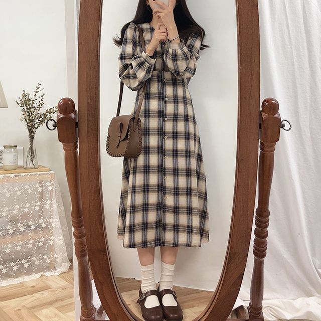 Livvate - Long-Sleeve Plaid Midi A-Line Dress | YesStyle