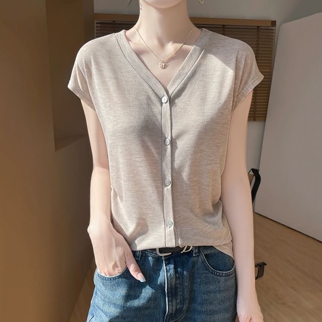 Weelop-Cap-Sleeve V-Neck Plain Button-Up Knit Top