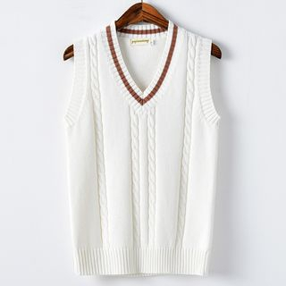 Contrast-Trim Cable-Knit Sweater Vest