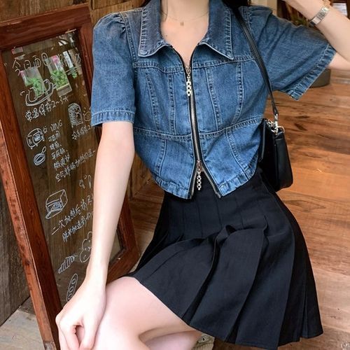 Button Down Pleated Denim Mini Skirt