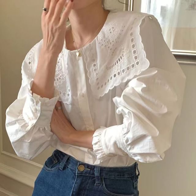 Everose-Long-Sleeve Collared Plain Blouse