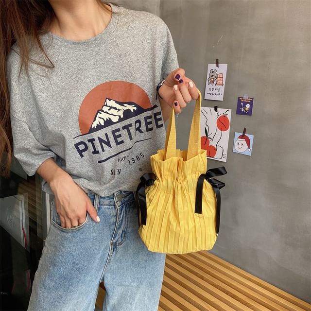 TangTangBags-Plain Pleated Drawstring Bucket Bag