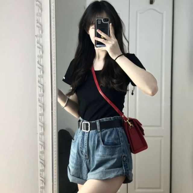 Midoray Short-Sleeve Plain T-Shirt High Waist Denim Shorts