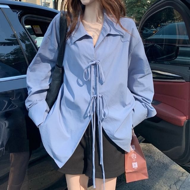 PINPI-Long Sleeve V-Neck Collared Plain Tie Front Shirt